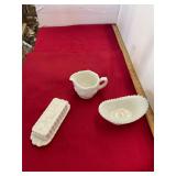 Milk Glass Pitcher, Candy Dish, Butter Tray
