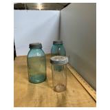2 Antique Blue Mason Jars 1 Clear