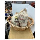 Basket with Vintage Ham Sacks