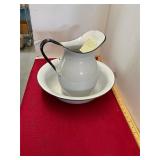 Vintage White Enamelware Washbasin and Pitcher