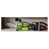 Vintage Gas-Powered Chainsaws with Ear Protection
