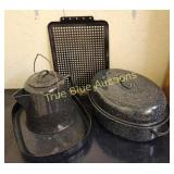 Vintage Enamel Cookware Lot: Roaster, Broiler Pan,