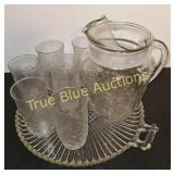 Vintage Glass Pitcher Set with Six Tumblers and Se