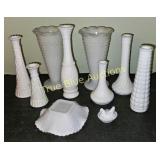 Set of White Milk Glass Vases and Decorative Items