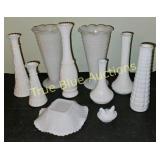 Set of White Milk Glass Vases and Decorative Items