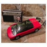 Vintage Red Toy Car and Panasonic Radio Set - A No