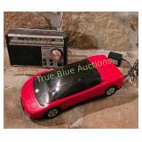 Vintage Red Toy Car and Panasonic Radio Set - A No