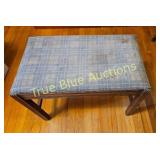 Vintage Upholstered Footstool with Classic Blue Pl