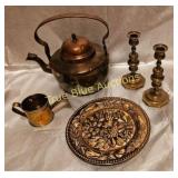 Vintage Brass Teapot and Candle Holders Set - Exqu