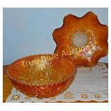 Vintage Amber Glass Bowl Set with Intricate Floral