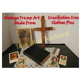 Unique Vintage Tramp Art Cross and Religious Ephem