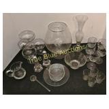 Assorted Glassware Set Including Bowls, Vases, and