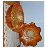 Vintage Amber Glass Bowl Set with Intricate Floral