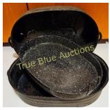Set of Three Black Enamelware Roasting Pans with H