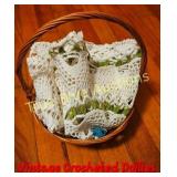 Charming Vintage Crocheted Doilies in Woven Basket
