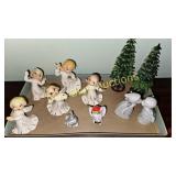 Vintage Ceramic Angel Figurines with Miniature Tre