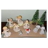 Vintage Ceramic Angel Figurines with Miniature Tre