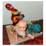 Vintage Toy Collection: Clown, Doll, and Dog Figur