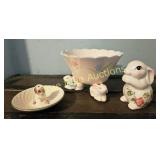 Charming Vintage Bunny Figurines and Floral Bowl S