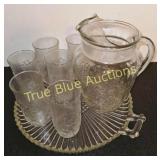 Vintage Glass Pitcher Set with Six Tumblers and Se