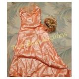 Vintage Peach Satin Evening Gown with Elegant Head