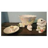 Charming Vintage Bunny Figurines and Floral Bowl S