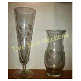 Two Vintage Glass Vases with Floral Etching Design