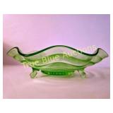Vintage Green Glass Dish with Wavy Design and Deco