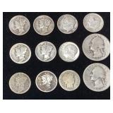 ASSORTED SILVER COINS, 10 MERCURY & ROOSEVELT