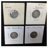 (4) 1857 SEATED HALF DIME, 1914-D BARBER DIME,