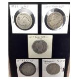 (5) BARBER HALF DOLLARS, 1899-S, 1900-O, 1907-O,