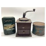 ANTIQUE COFFEE GRINDER, COFFEE & TOFFEE TINS