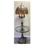 MID CENTURY BRASS & SLAG GLASS TABLE LAMP