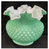 FENTON APPLE GREEN OVERLAY HOBNAIL VASE w R