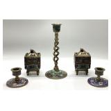 VTG. ORIENTAL CANDLE STICKS, INCENSE BURNERS