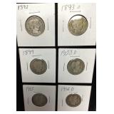 (6) 90 PERCENT SILVER BARBER QUARTERS, 1893,