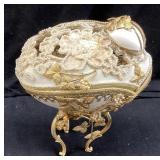 VTG. DECORATIVE OSTRICH EGG ON BRASS STAND