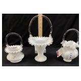 (3) Fenton White Glass Baskets, Ruffled Edge,