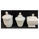 (3) Vtg. Fenton Hobnail Milk Glass Honey Jars,