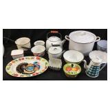 VTG. ASSORTED ENAMELWARE POTS, TRAYS, TEA KETTLE