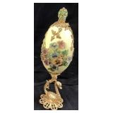 VTG. OSTRICH EGG SHELL HAND DECORATED ON BRASS