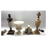 ALABASTER & MARBLE LOT. LAMPS, BOOKENDS, VASE