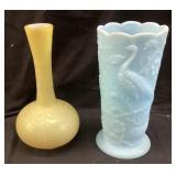 (2) FENTON SATIN AQUA BLUE PEACOCK VASE &