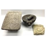 3 PRIMITIVE STONE METATES, MORTAR & PESTLE