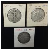 (3) 90% SILVER WALKING LIBERTY HALF DOLLARS,