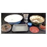 ASSORTED VTG. ENAMELWARE, GREEN SWIRL, BLUE