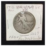 1917-D KEY DATE WALKING LIBERTY HALF DOLLAR, 90%