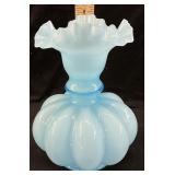 FENTON RUFFLED BABY BLUE MELON VASE, 7.75in H