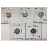5-US 90% SILVER HALF DIMES TYPE 2&3
