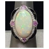 14KT WHITE GOLD OPAL, SAPPHIRE & DIAMOND RING,